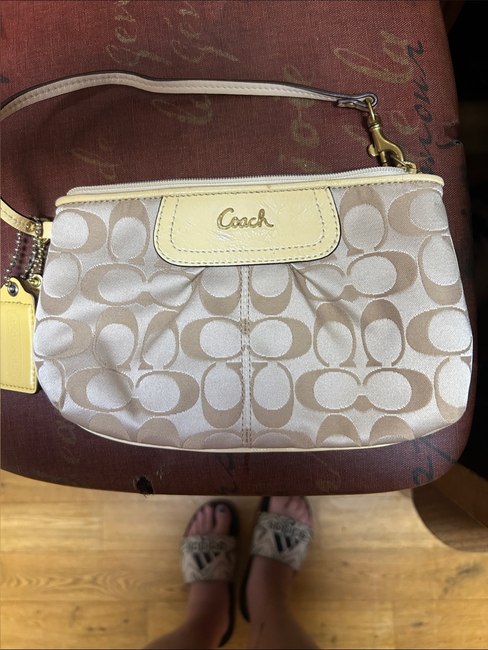 Coach Beige Signature Wristlet with Pale Yellow Trim